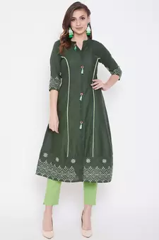 Dark green embroidered cotton kurtas-and-kurtis