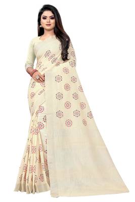 White printed linen saree with blouse 1