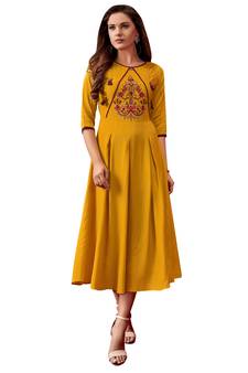 Yellow printed rayon ethnic-kurtis