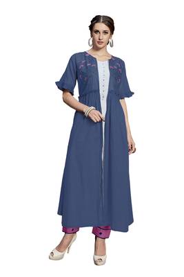 Blue embroidered crepe ethnic-kurtis 1