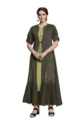 Dark-grey embroidered crepe ethnic-kurtis 1