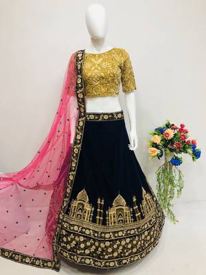 Navy-blue embroidered velvet semi stitched lehenga 1
