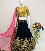 Navy-blue embroidered velvet semi stitched lehenga