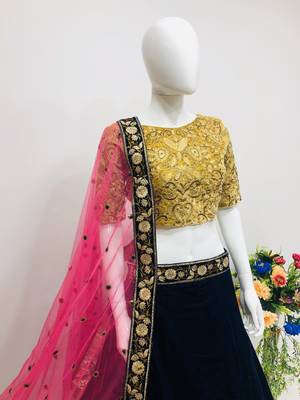 Navy-blue embroidered velvet semi stitched lehenga 2