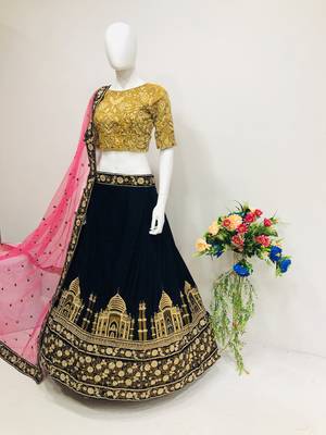Navy-blue embroidered velvet semi stitched lehenga 3
