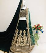 Green embroidered velvet semi stitched lehenga