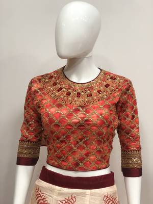 Red embroidered silk semi stitched lehenga 2