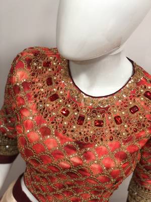 Red embroidered silk semi stitched lehenga 4