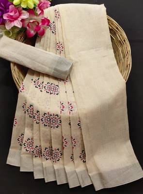 White printed linen saree with blouse 1