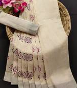 White printed linen saree with blouse