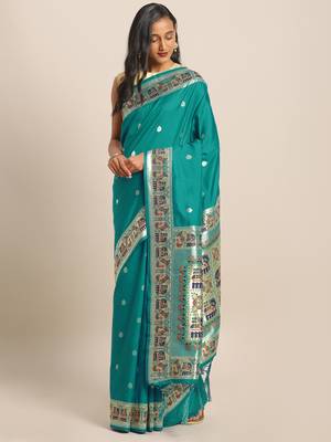 Turquoise woven semi silk saree  with blouse 1