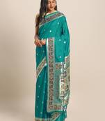 Turquoise woven semi silk saree  with blouse