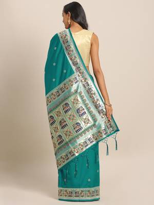 Turquoise woven semi silk saree  with blouse 2