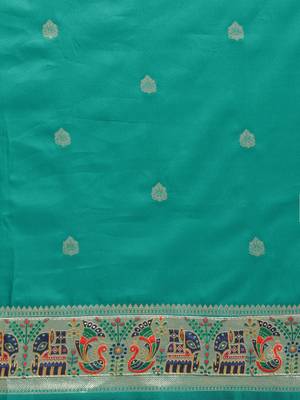 Turquoise woven semi silk saree  with blouse 3