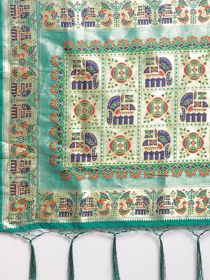 Turquoise woven semi silk saree  with blouse 4