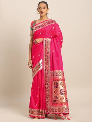 Pink woven semi silk saree  with blouse 1