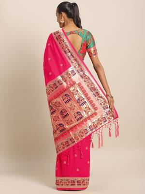 Pink woven semi silk saree  with blouse 2
