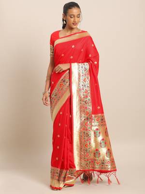 Red woven semi silk saree  with blouse 1