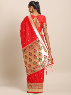 Red woven semi silk saree  with blouse 2