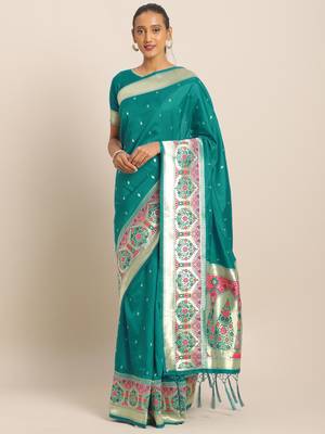 Teal woven semi silk saree  with blouse 1