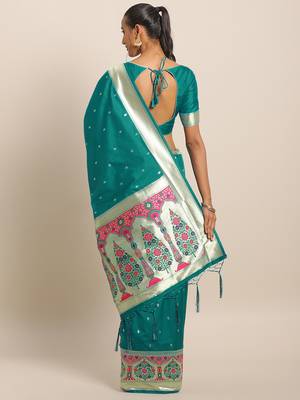 Teal woven semi silk saree  with blouse 2