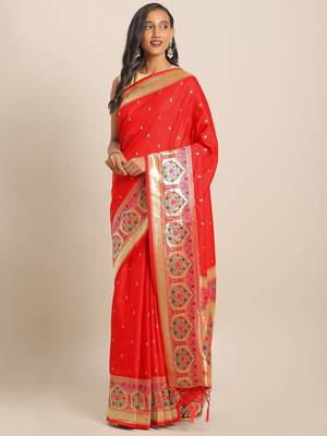 Red woven semi silk saree  with blouse 1