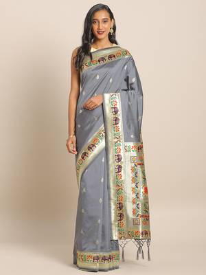 Grey woven semi silk saree  with blouse 1