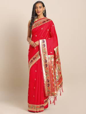 Red woven semi silk saree  with blouse 1