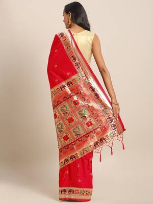 Red woven semi silk saree  with blouse 2