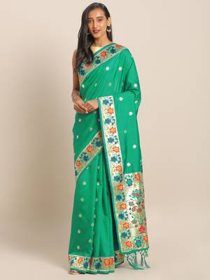 Green woven semi silk saree  with blouse 1