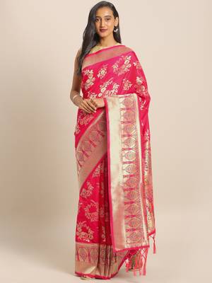Pink woven semi silk saree  with blouse 1
