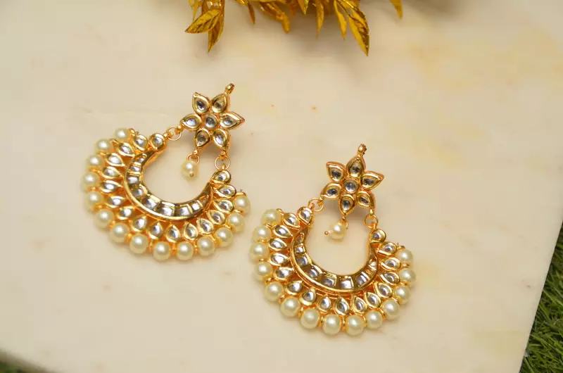Pearl Crescent Kundan Earrings
