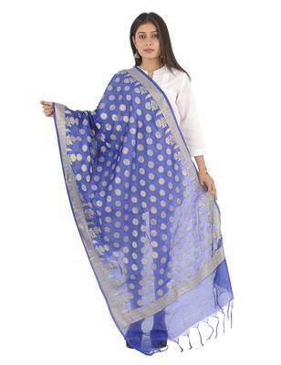 Madhuri Blue Women's Banarasi Kora Silk Zari Dupatta 1