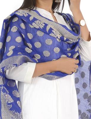 Madhuri Blue Women's Banarasi Kora Silk Zari Dupatta 3