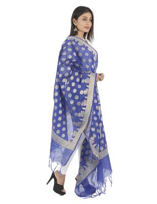 Madhuri Blue Women's Banarasi Kora Silk Zari Dupatta 4