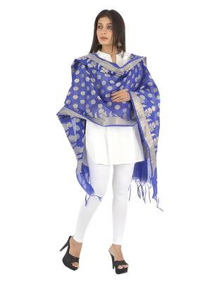 Madhuri Blue Women's Banarasi Kora Silk Zari Dupatta 5