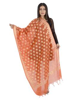 Madhuri Orange Women's Banarasi Kora Silk Zari Dupatta