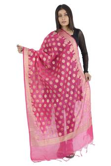 Madhuri Pink Women's Banarasi Kora Silk Zari Dupatta