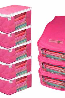 atorakushon   Fabric 5 Saree Cover and 3 Blouse Clothes Storage Bag Wardrobe Garments Organiser (Pink)