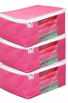 atorakushonFabric 3 Piece Saree Cover Clothes Storage Bags Garments Wardrobe Organiser (Pink)