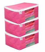 atorakushonFabric 3 Piece Saree Cover Clothes Storage Bags Garments Wardrobe Organiser (Pink)