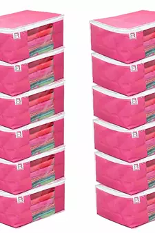 atorakushon Fabric 12 Piece Saree Cover Clothes Storage Bags Garments Wardrobe Organiser (Pink)