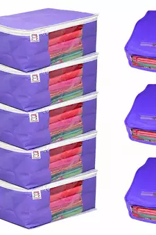 atorakushon   Fabric 5 Saree Cover and 3 Blouse Clothes Storage Bag Wardrobe Garments Organiser (blue)