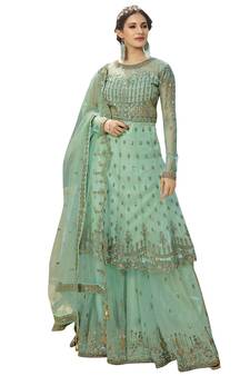 Teal embroidered net salwar