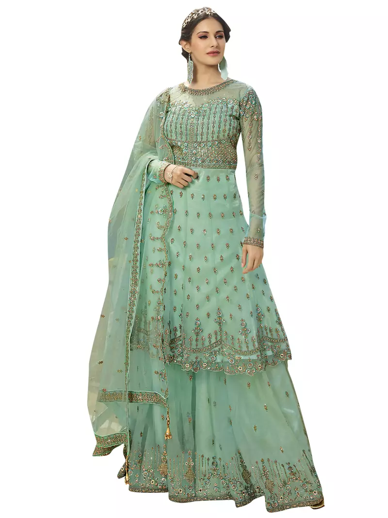 Teal embroidered net salwar