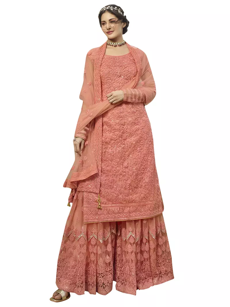 Peach embroidered net salwar