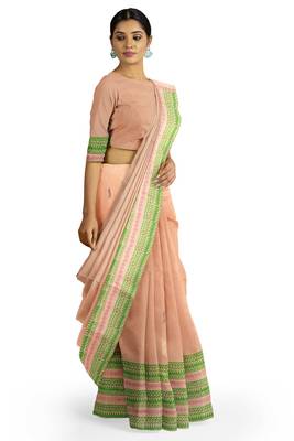 Handloom Peach Malmal Khadi Saree with Black leaf Block prints on body and Awestruck Green & Red prints on Border 1