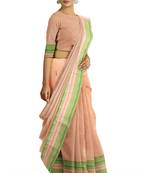 Handloom Peach Malmal Khadi Saree with Black leaf Block prints on body and Awestruck Green & Red prints on Border