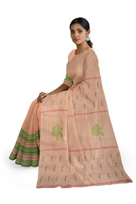 Handloom Peach Malmal Khadi Saree with Black leaf Block prints on body and Awestruck Green & Red prints on Border 2