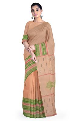 Handloom Peach Malmal Khadi Saree with Black leaf Block prints on body and Awestruck Green & Red prints on Border 3